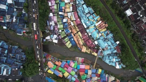 Aerial view of the old slum village Jodipan with colorful houses