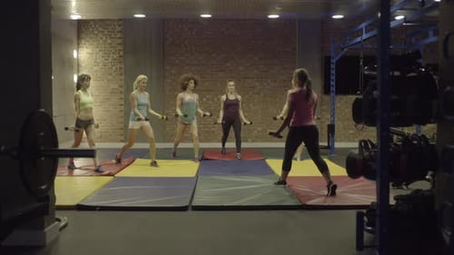 Group of adult women exercising with weights in gym