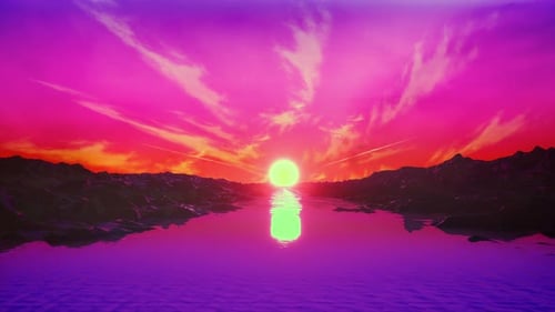 Animation rétro des années 1980 avec rochers, rivière, soleil et rose cyberpunk