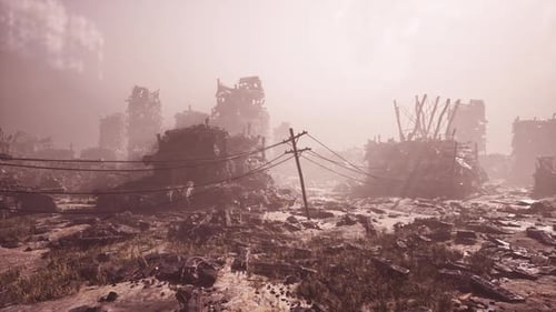 Cityscape of Destruction After Military Action Showcasing Ruins and Debris