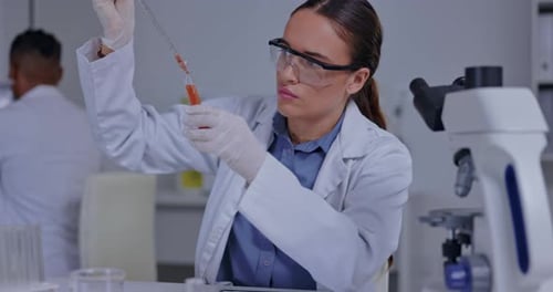 Science, vaccine and pharmacy with woman in laboratory for medical, research and analysis