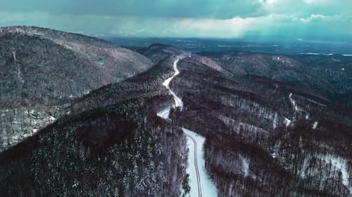 Winding Road Through Snowy Forest Aerial View