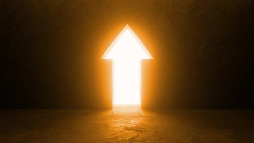 Arrow shaped door opening to bright light symbolizing hope and future