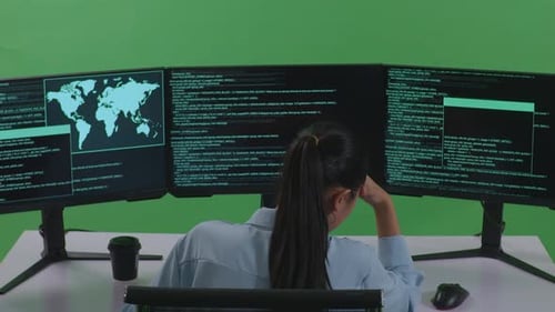 Asiatische Frau hat Kopfschmerzen beim Schreiben von Code mit mehreren Computerbildschirmen auf grünem Bildschirm