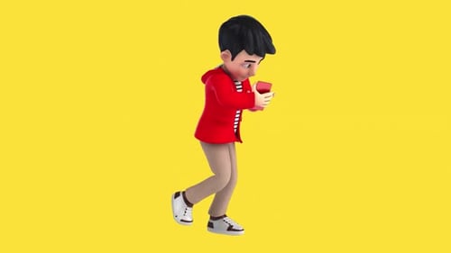 3D Cartoon Boy Walking and Using Smartphone Animation Loop