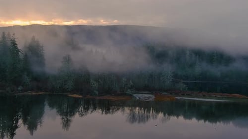 Fog Covered Trees By the Lake in Valley Surrounded By Mountains Canadian Nature Landscape Aerial