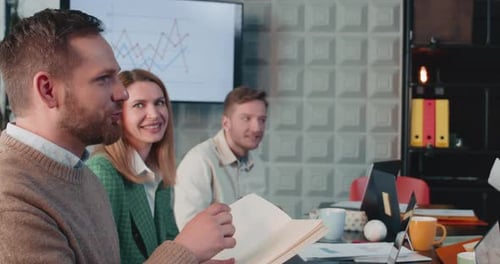 TEAM MEETING Young Happy Business People Work Together Generating Discussing Ideas at Modern Office