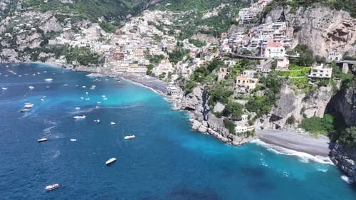 Amalfi Coast. Beach Landscape. Giant Cliffs Scene. Medieval City Skyline.