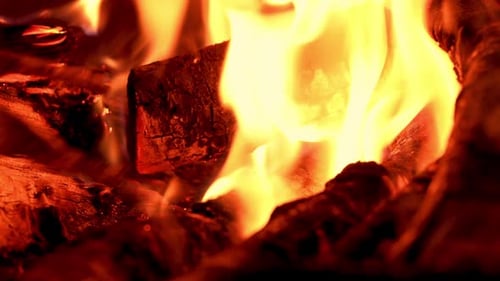 Using a tool to move the wood burning in a bonfire, metal fire tongs or iron pincers, shot close up