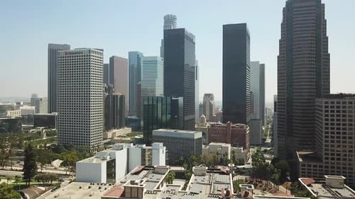 Los Angeles California aerial dolly forward into ascending view above downtown LA