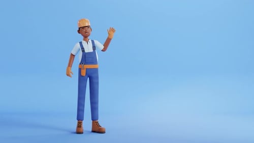 Builder character loop animation. Construction site worker, handyman waving his hand