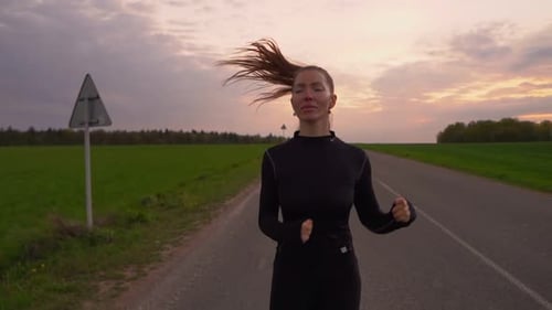 Young Woman Running on a Rural Road During Sunset
