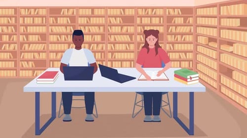 Estudiantes animados estudian en la biblioteca