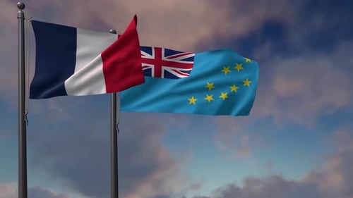 France and Tuvalu National Flags Waving Realistic Animation