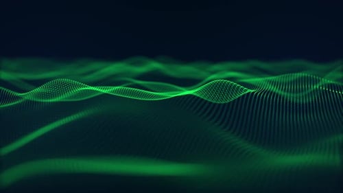 Looped background with green particle waves smoothly floating on a dark blue background