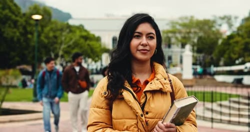 Walking, college student or woman on campus with vision for education, learning