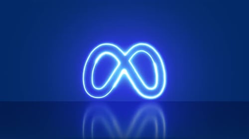 Meta logo neon on blue background.
