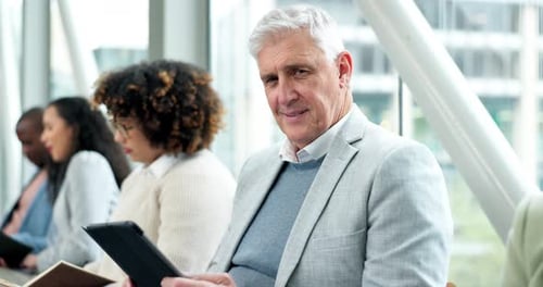 Business people, tablet and happy portrait in an office for corporate meeting