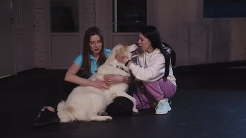 Two Young Women Petting a White Dog