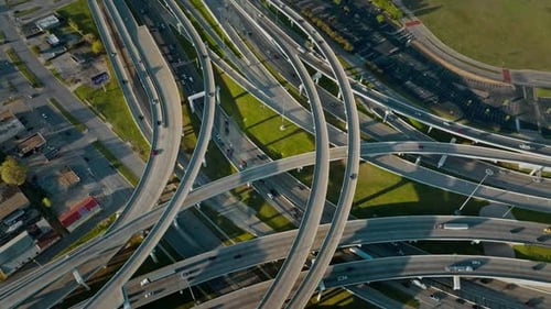 Aerial View Massive Concrete Highway Interchange Complex Roads and Traffic