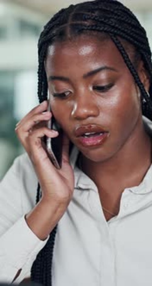 Black woman, talk and phone call in office for b2b networking, negotiation and communication