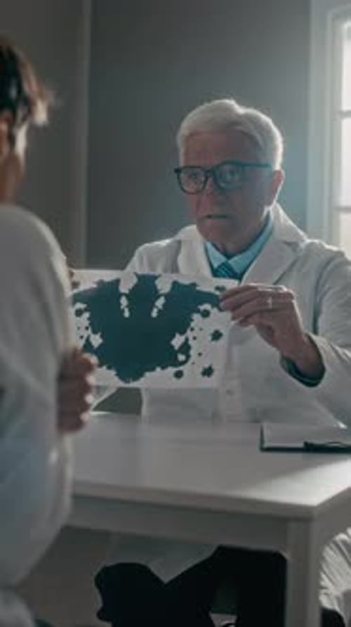 Psiquiatra masculino senior que muestra la prueba de manchas de tinta de Rorschach a un paciente