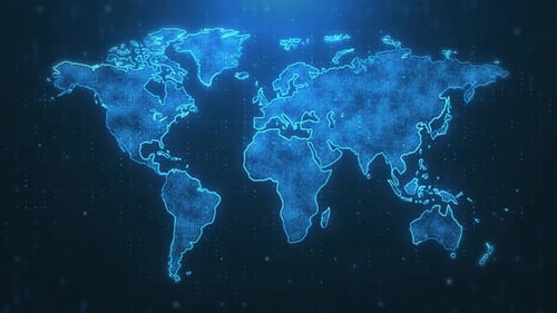 Animation d'une carte du monde en technologie numérique. Des connexions lumineuses sur la carte bleue globale du monde