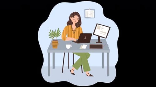 Businesswoman Sitting At Desk Working On Laptop Cartoon Animation On Alpha Channel