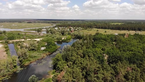 Aerial View Green Forest River Beautiful Landscape Summer Day