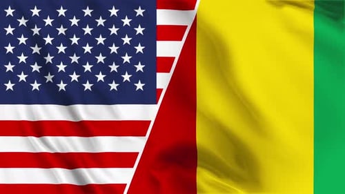United States and Guinea Flags Waving Split Screen