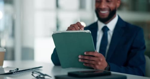 Hands, tablet and black man in office with research for finance report with budget planning