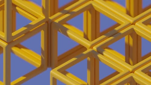 animación de cubos alámbricos amarillos sobre un fondo azul