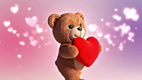 Sweet Teddy Bear Holding Heart on Animated Love Background