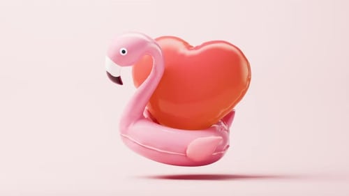 Loop-Animation eines Flamingo-Schwimmrings mit Ballon im Cartoon-Stil