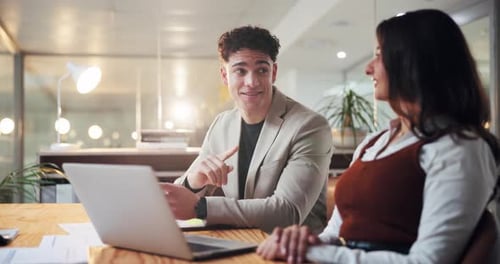 Creative, laptop and business people in office for meeting, talking and planning for kpi report