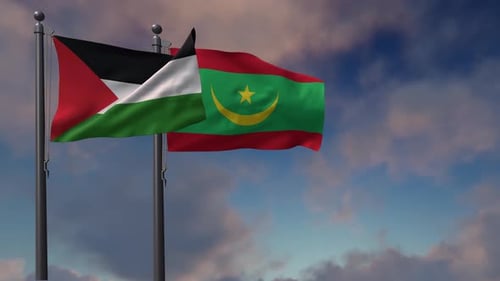 Palestine and Mauritania National Flags Waving in Wind