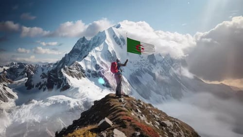 Alpiniste tenant le drapeau algérien au sommet de la montagne