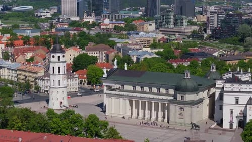 Close Up Aerial View of Vilnius Cathedral and Bell Tower. Cathedral Square Lithuania