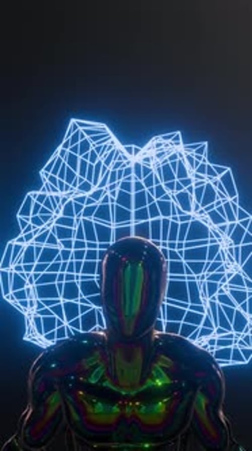 Futuristic Iridescent Figure with Dynamic Wireframe Animation