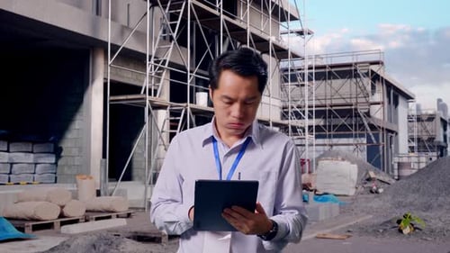 Asian Male Worker Use Tablet And Headache At Building Site