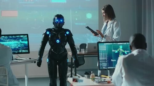 Futuristische Ingenieurrobotik Ein professionelles multiethnisches Ingenieurteam testet Experimente auf Schwarz
