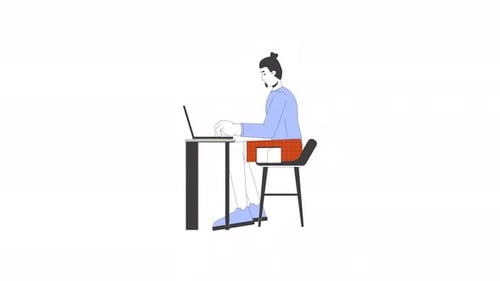 Flat Design Animation of Person Working on Laptop at Desk