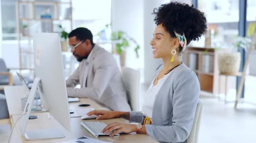 Business woman, video call and waving on computer for consulting, webinar