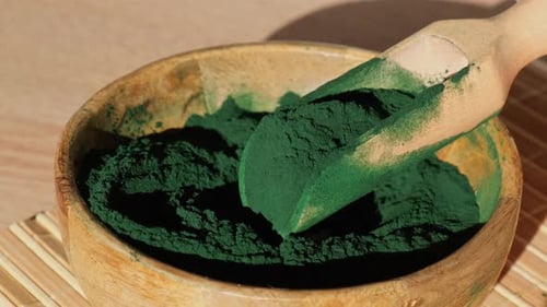 Spirulina Powder Scooped Into Wooden Bowl
