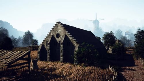 Medieval Stone House with Windmill in Rural Landscape Animation