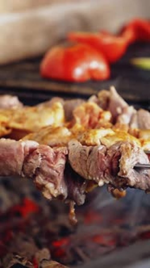 Meat Skewer Cooks over Flames on Grill