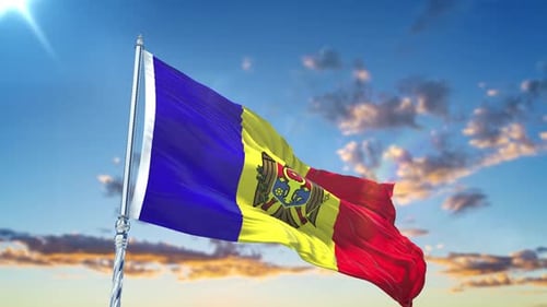 Animated Moldova National Flag Waving in Blue Sky