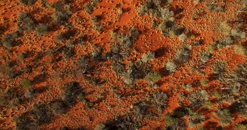 Slow aerial ascent from low lying to high across a vast Australian outback landscape, tilt up