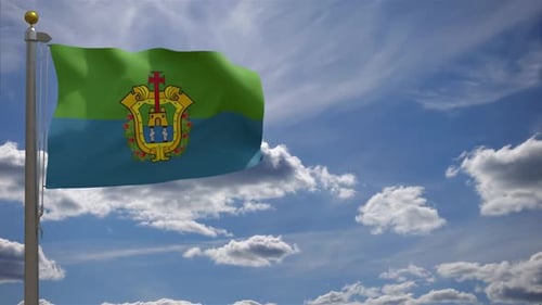 Realistic Waving Flag with Coat of Arms Against Blue Sky