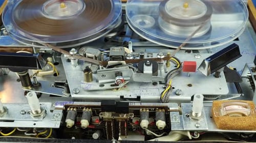 Open Vintage Reel-to-Reel Tape Recorder Operating